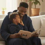 Father and son smiling together in Kids DudeRobe while reading a book, showcasing the perfect kids robe.