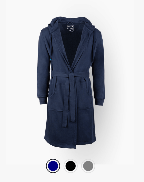 The DudeRobe luxury hooded bathrobe in navy blue, perfect for lounging and casual wear.