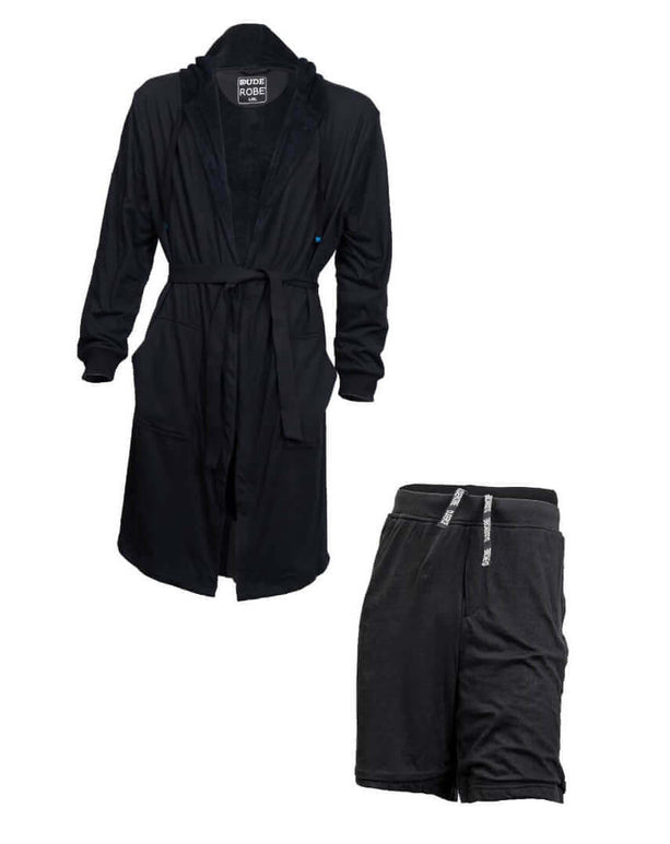 Luxury men's bathrobe and shorts combo by DudeRobe, perfect for lounging and comfort at home.