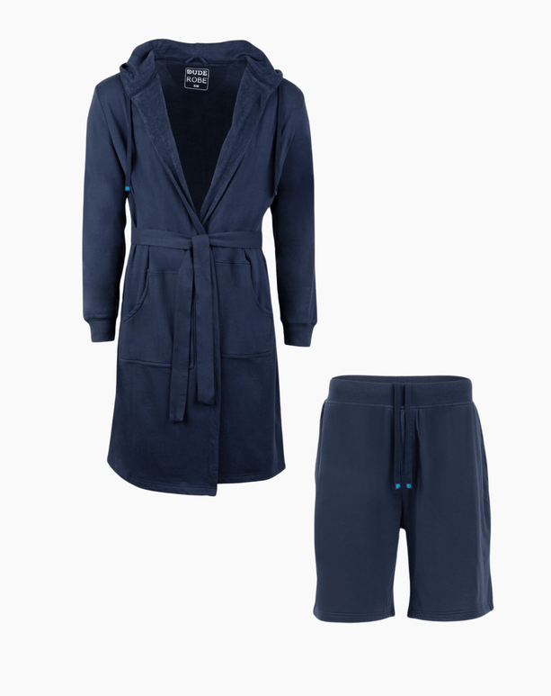 Luxury men's bathrobe and shorts combo in navy blue, perfect for lounging and relaxation.