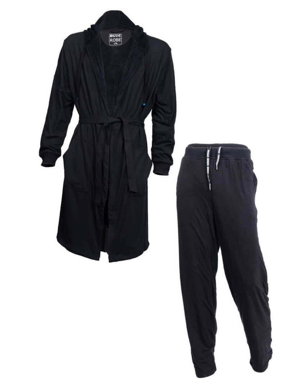 Luxury men's bathrobe and pants combo, perfect for lounging, showering, or casual wear.