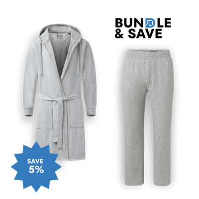 Luxury Men's Bathrobe & Pants Combo featuring a hooded robe and matching sweatpants in gray.