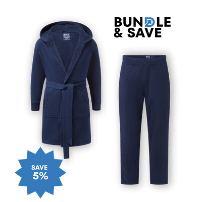 Luxury Men's Bathrobe & Pants Combo featuring a hooded robe and matching pants, ideal for comfort and style.