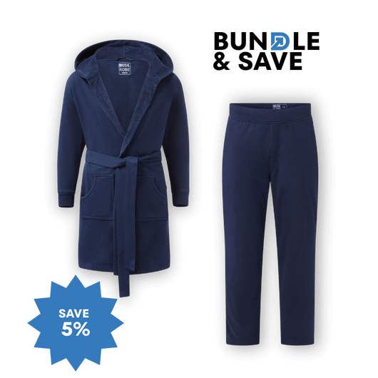 Luxury Men's Bathrobe & Pants Combo featuring a hooded robe and matching pants, ideal for comfort and style.