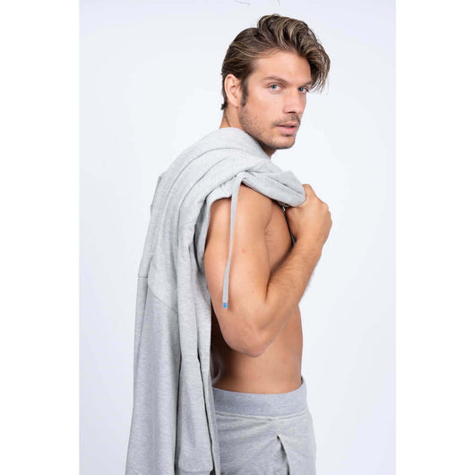 Luxury Men's Bathrobe & Pants Combo model showcasing the grey mens hooded robe and sweatpants.