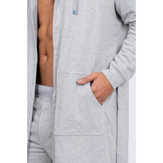 Luxury Men's Bathrobe & Pants Combo in gray with stylish pockets for a modern lounging experience.