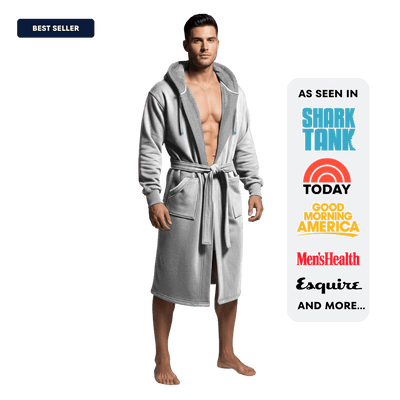 Ultimate Combo - Luxury Men's Bathrobe, Shorts & Pants modeled by a man, featuring a grey bathrobe design.