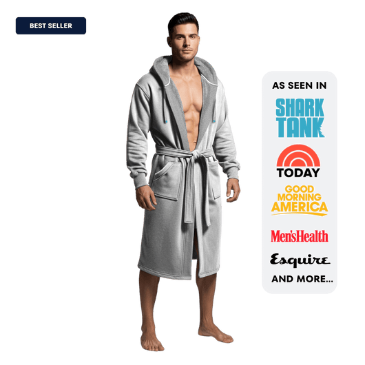 Ultimate Combo - Luxury Men's Bathrobe, Shorts & Pants modeled by a man, featuring a grey bathrobe design.