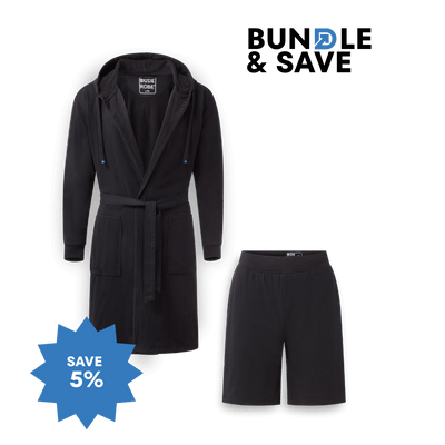 Black robe and shorts set with a discount badge on a black background