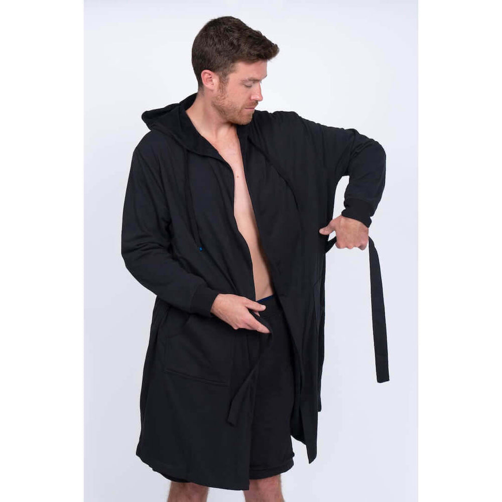 Luxury Men's Bathrobe & Shorts Combo worn by a man adjusting the tie, showing its modern and stylish design.