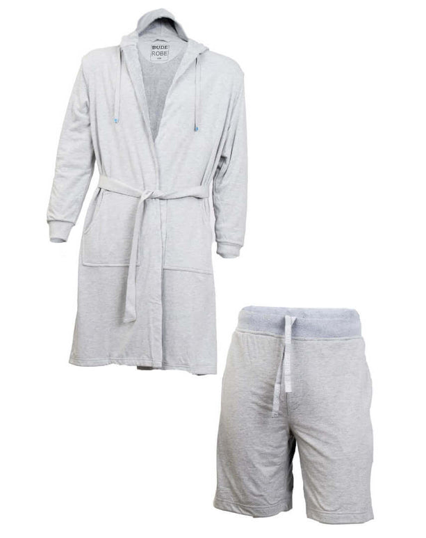 Luxury men's bathrobe and shorts combo in gray, ideal for lounging, post-shower comfort, and casual style.
