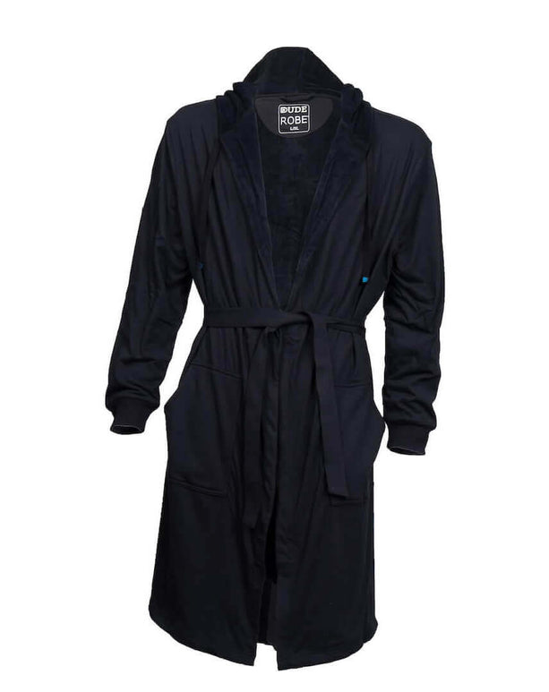 Luxury men's DudeRobe bathrobe in black, perfect for lounging and out-of-shower comfort. Kickstarter featured design.
