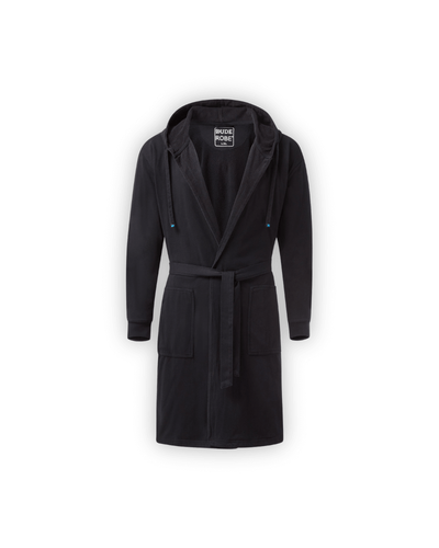 Luxury Men's Bathrobe & Shorts Combo - Modern black robe with hood, stylish and comfortable for lounging.