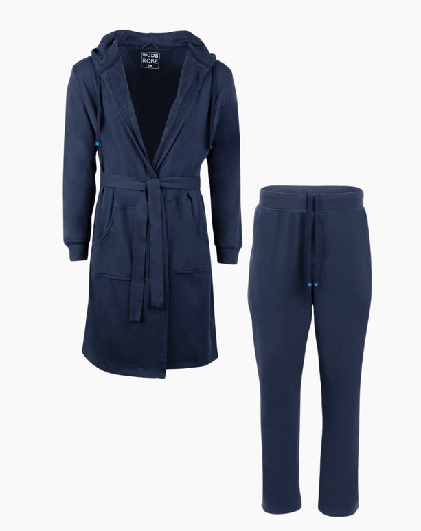 Luxury men's bathrobe and pants combo, stylish and comfortable for lounging and relaxing at home.