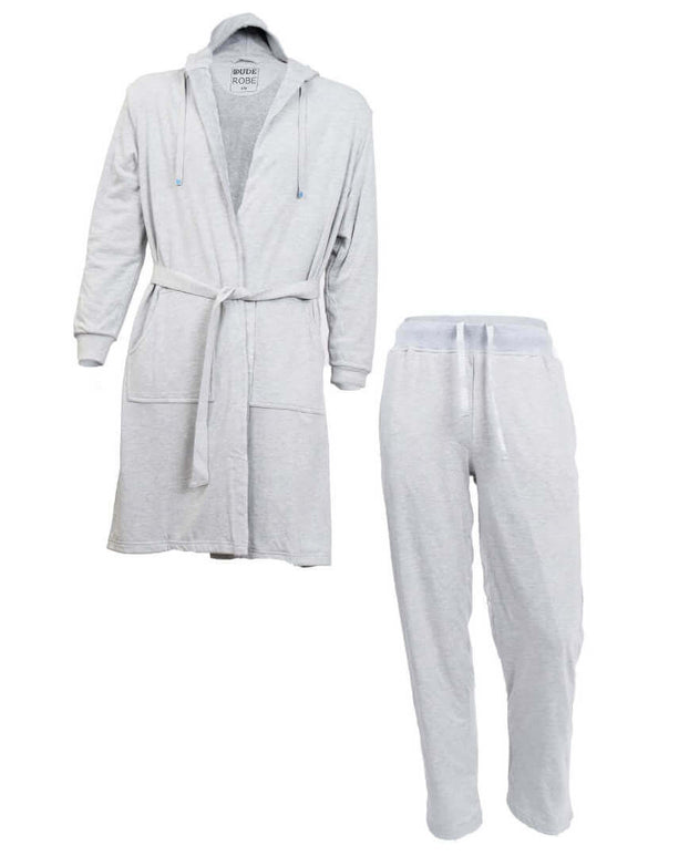 Luxury men's bathrobe and pants combo in light gray, perfect for lounging and relaxation.