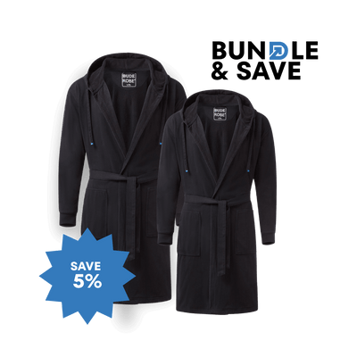 The Dad & LittleDude Duo matching robe set in black, showcasing two hoodie-style robes with a savings banner.