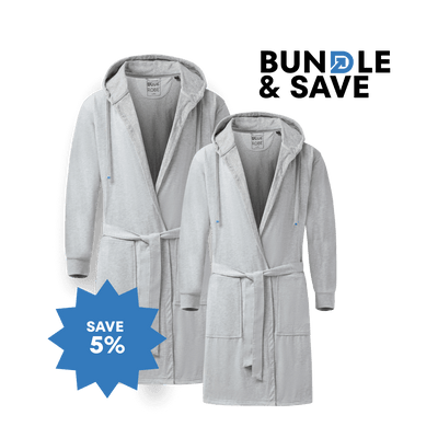 The Dad & LittleDude Duo matching robe set featuring two gray hoodie-style robes for family comfort.