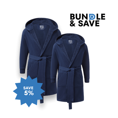 The Dad & LittleDude Duo matching robes bundle with two navy hoodie-style robes and a savings badge.