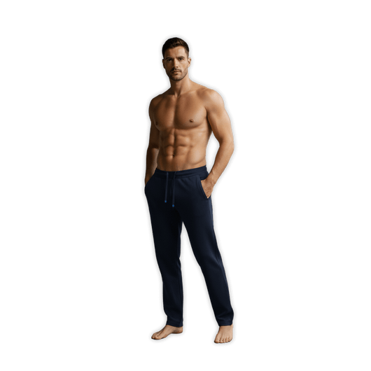 A fit man wearing black sweatpants men, showcasing the comfortable sweatpants with pockets that highlight The Pants.