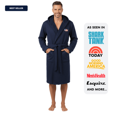 Man wearing The All-American (Dude)Robe, features the american flag robe design, perfect for lounging and comfort.