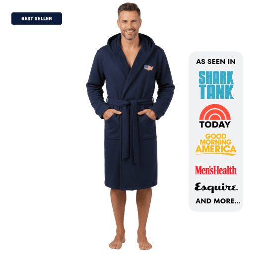 Man wearing The All-American (Dude)Robe, features the american flag robe design, perfect for lounging and comfort.