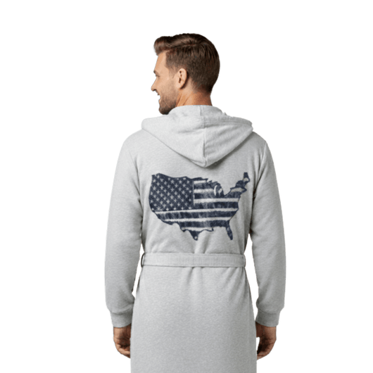Man wearing the All-American robe with a USA flag design on the back, showcasing the american flag robe style.