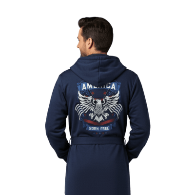 Man wearing The All-American robe with eagle design on the back, showcasing the american flag robe for stylish comfort.