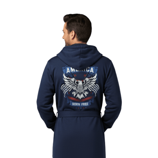 Man wearing The All-American robe with eagle design on the back, showcasing the american flag robe for stylish comfort.