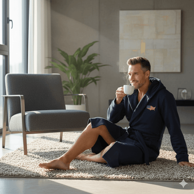 Man enjoying coffee while wearing the american flag robe in a cozy modern living room.
