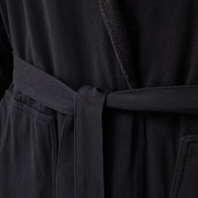The DudeRobe black mens hooded bathrobe with belt detail for ultimate comfort and style.
