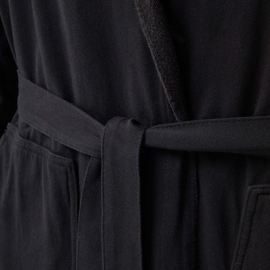 The DudeRobe black mens hooded bathrobe with belt detail for ultimate comfort and style.