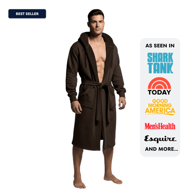The DudeRobe, a stylish men's hooded bathrobe, perfect for lounging and daily wear.
