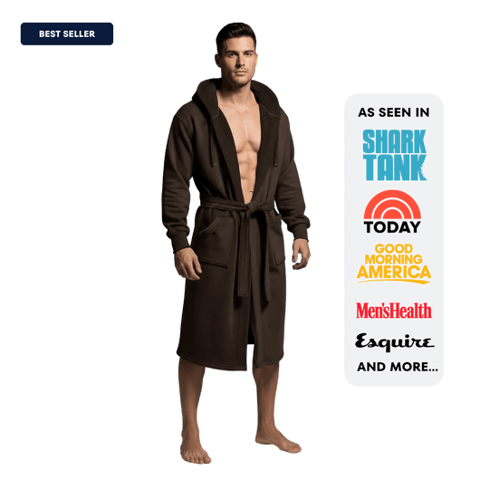 The DudeRobe, a stylish men's hooded bathrobe, perfect for lounging and daily wear.