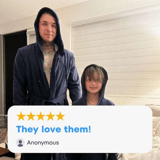 Father and child wearing matching robes, showcasing comfort and style with the American flag robe.