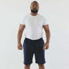 DudeShorts model showcasing navy shorts with comfortable fit, deep pockets, and premium waistband for active lifestyles.