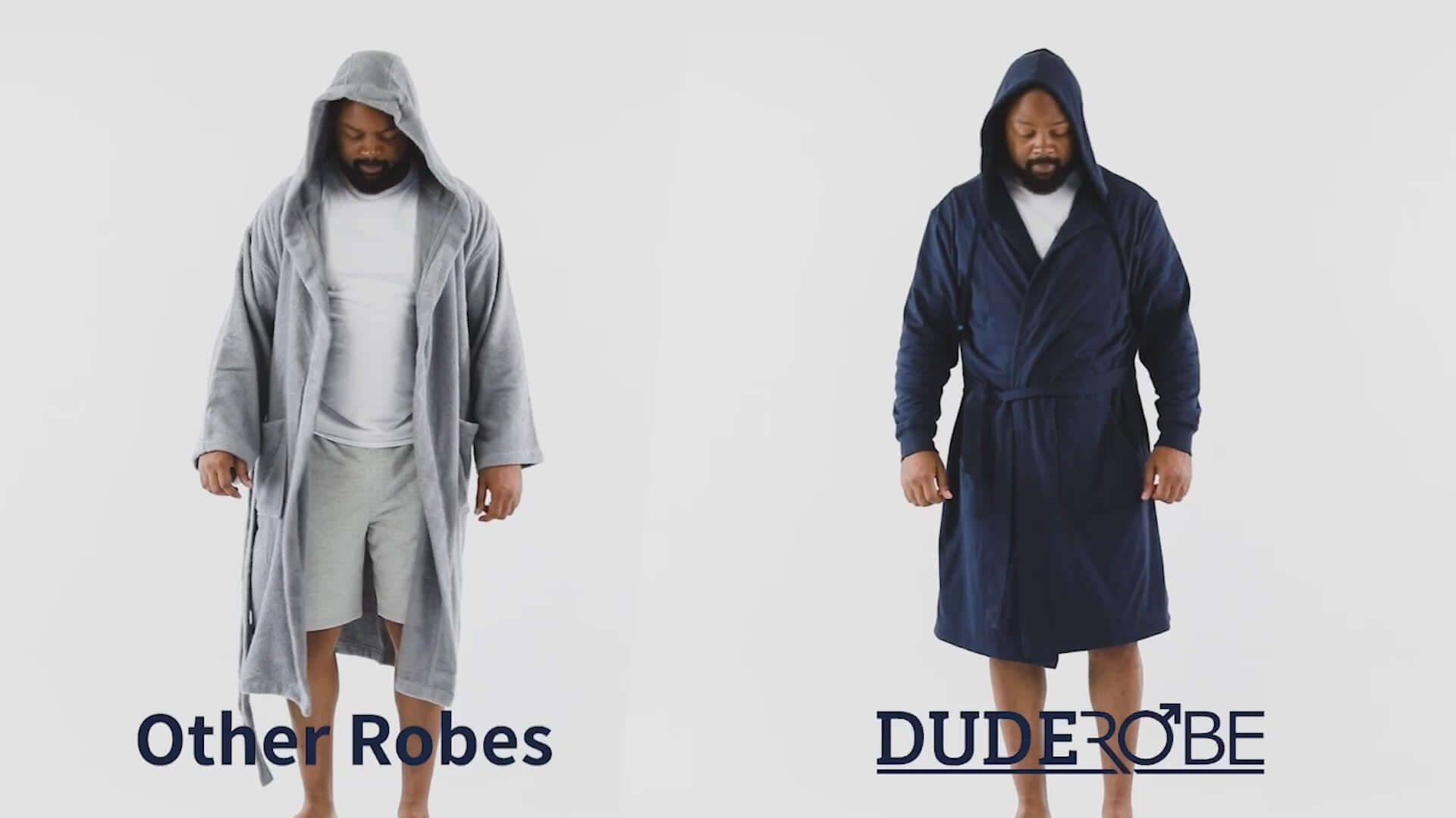 Load video: Side-by-side comparison of other robes and the stylish DudeRobe, showcasing modern comfort and design.