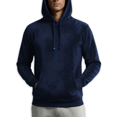 Reversible hoodie for men in navy color, featuring a soft texture and front pockets for style and comfort.