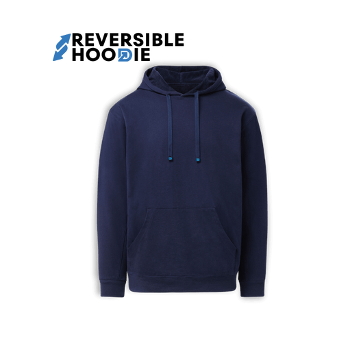 Reversible hoodie for men in navy, featuring a modern design with a hood and front pocket for versatile styling.