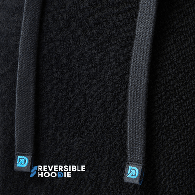 Close-up of the Reversible DudeHoodie showing fabric texture and hood drawstrings, featuring a reversible hoodie for men.