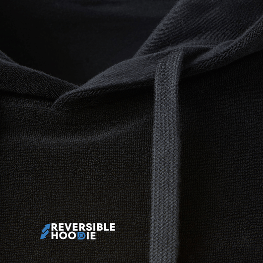 Close-up image of a black Reversible DudeHoodie, showcasing its soft fabric and stylish design, perfect as a reversible hoodie for men.