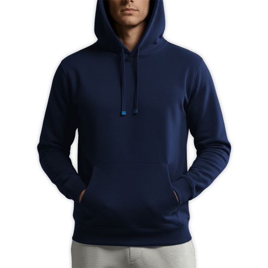 Reversible hoodie for men in navy color, featuring a front pocket and drawstring hood.