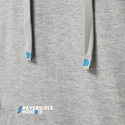 Close-up of the Reversible DudeHoodie showcasing the logo and drawstrings, perfect as a reversible hoodie for men.