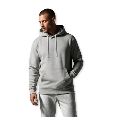 Model wearing a Reversible DudeHoodie, showcasing a modern design in grey, perfect for stylish men. Reversible hoodie for men.