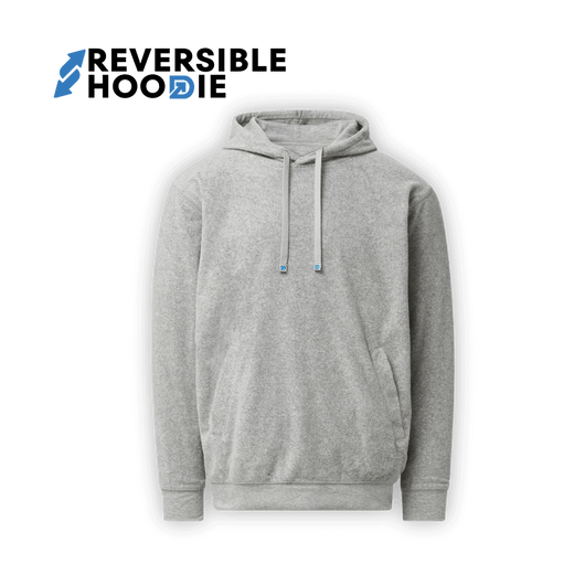 Reversible hoodie for men in gray color, showcasing a stylish and functional design with two pocket styles.