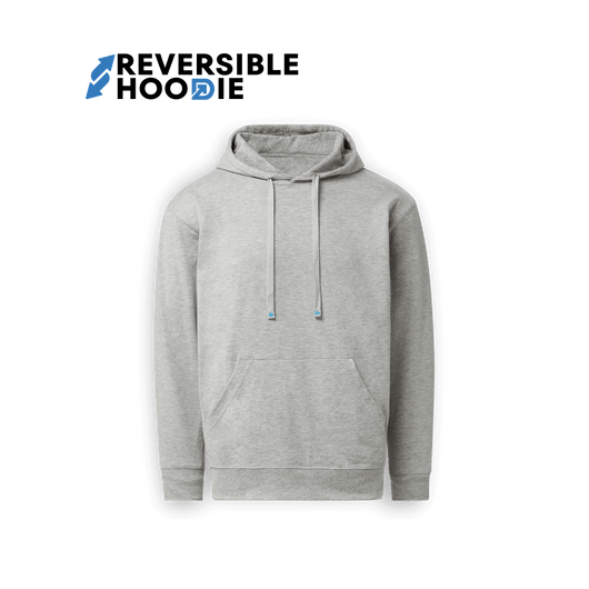 Reversible hoodie for men in gray, featuring two pocket styles and a stylish design, perfect for versatile looks.