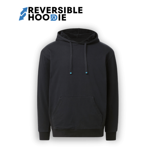 Men's reversible hoodie for men in black with a spacious front pocket and drawstring hood.