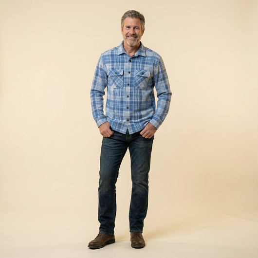 Man wearing The 1-Second Flannel, a magnetic button shirt, showcasing style and comfort.