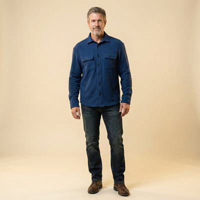 Model wearing The 1-Second Flannel, a magnetic button shirt for effortless style and comfort.