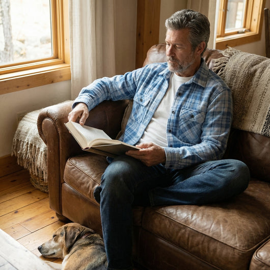 A man relaxing in magnetic button shirt, The 1-Second Flannel, reading a book next to his dog.