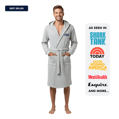 Man wearing The All-American robe featuring USA logo, perfect for comfort and style, showcasing the american flag robe.